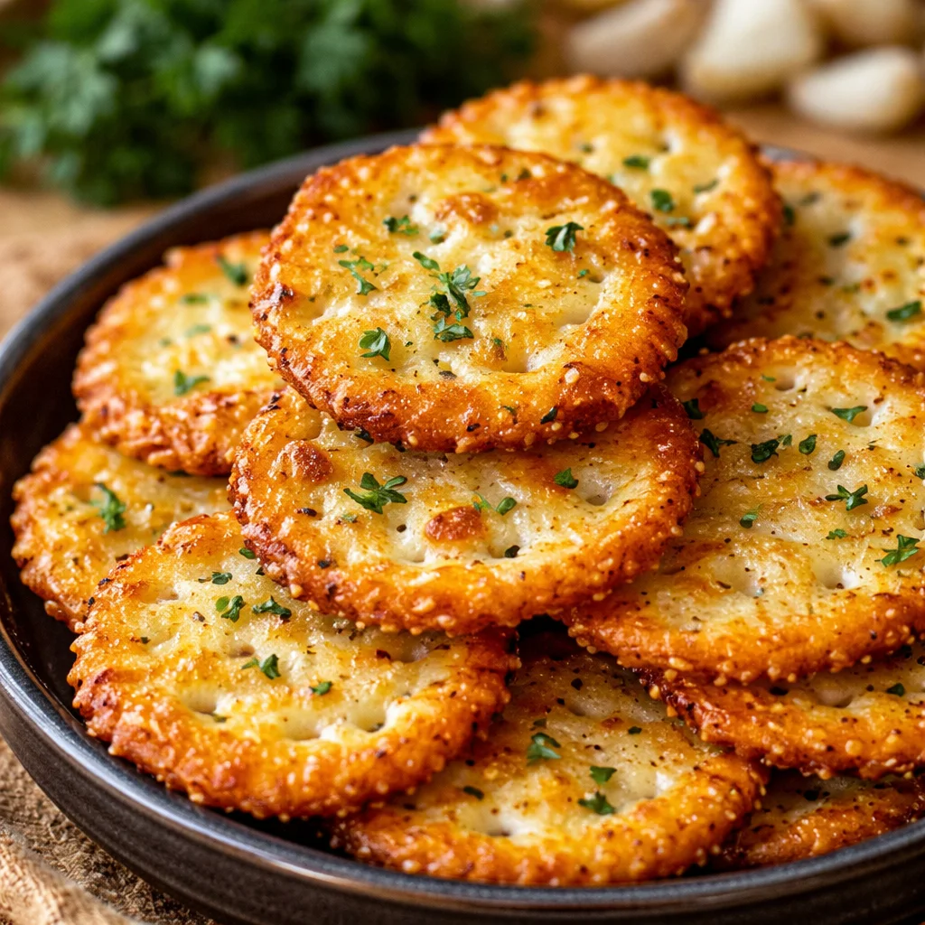 A variety of Garlic Ritz Snacks including garlic butter crackers and toasted chips.