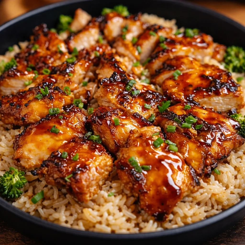 Honey BBQ Chicken and Rice bowl with chicken, vegetables, and long grain rice.