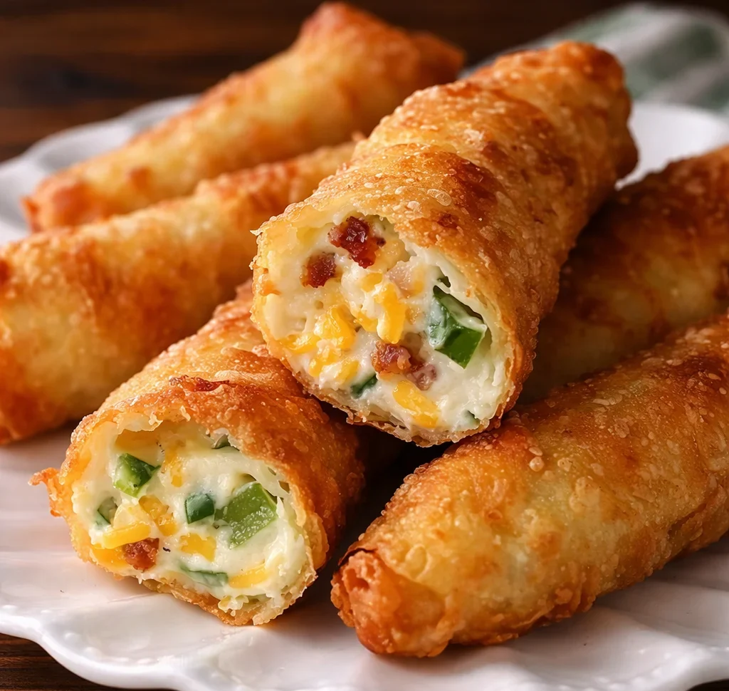 Crispy Jalapeno Popper Egg Rolls filled with cheese and bacon, perfect appetizer.