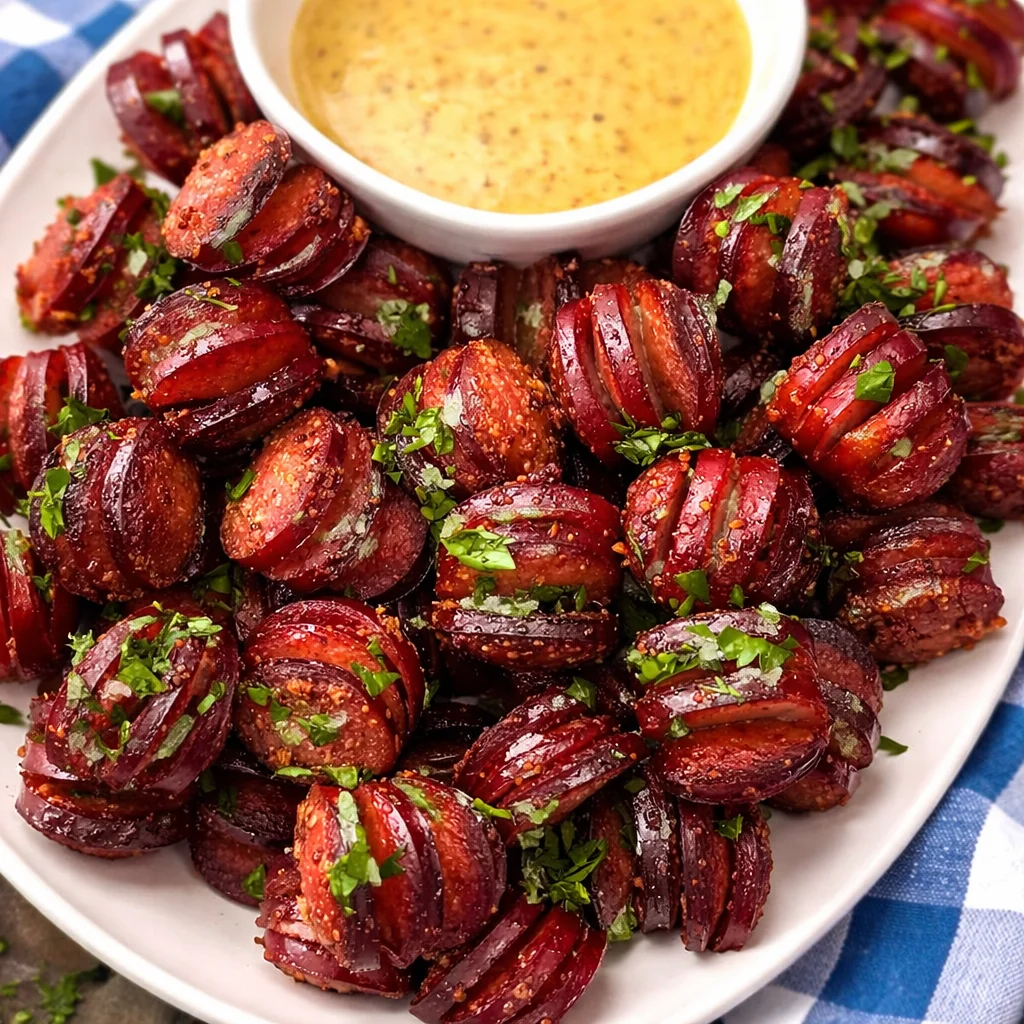 Mustard Hasselback Kielbasa Bites with a mustard sauce glaze on a plate.