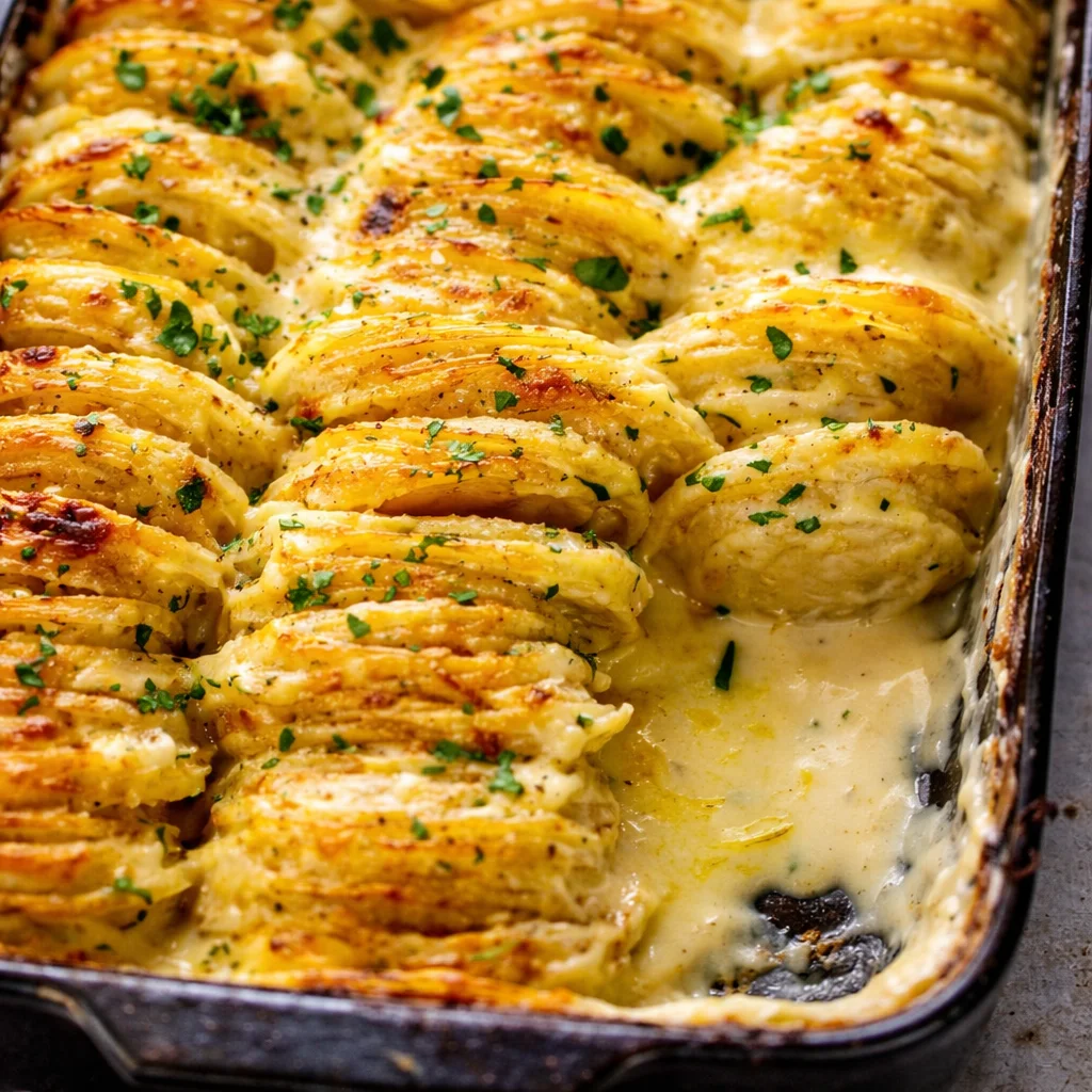 Creamy scalloped potatoes baked in a casserole dish, topped with golden cheese.
