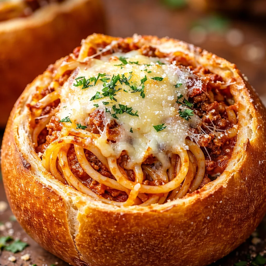 Delicious spaghetti garlic bread bowls with meat sauce and melted cheese.