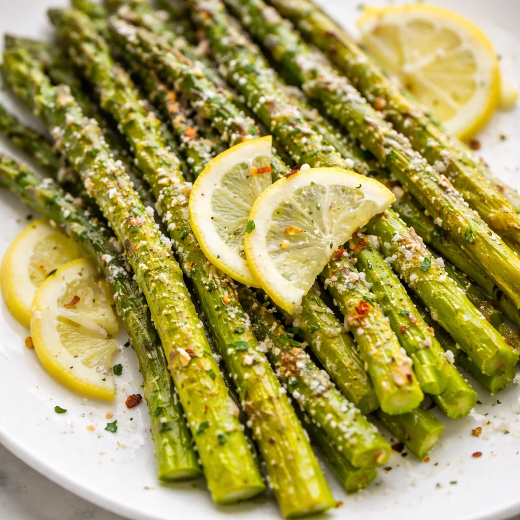 Oven Roasted Parmesan Asparagus garnished with minced garlic and cheese.