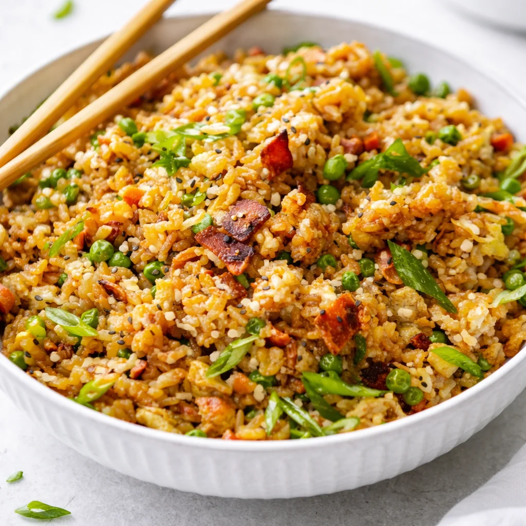 Plate of delicious Bacon Fried Rice with crispy bacon and veggies
