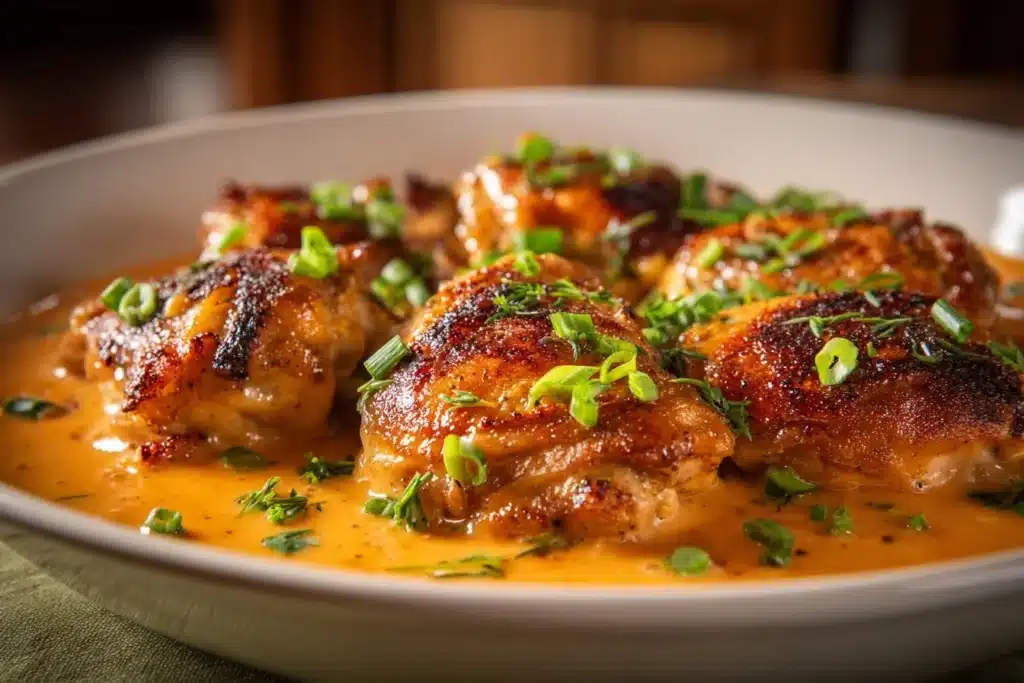 Skillet Bang Bang Chicken Thighs served on a plate with garnish
