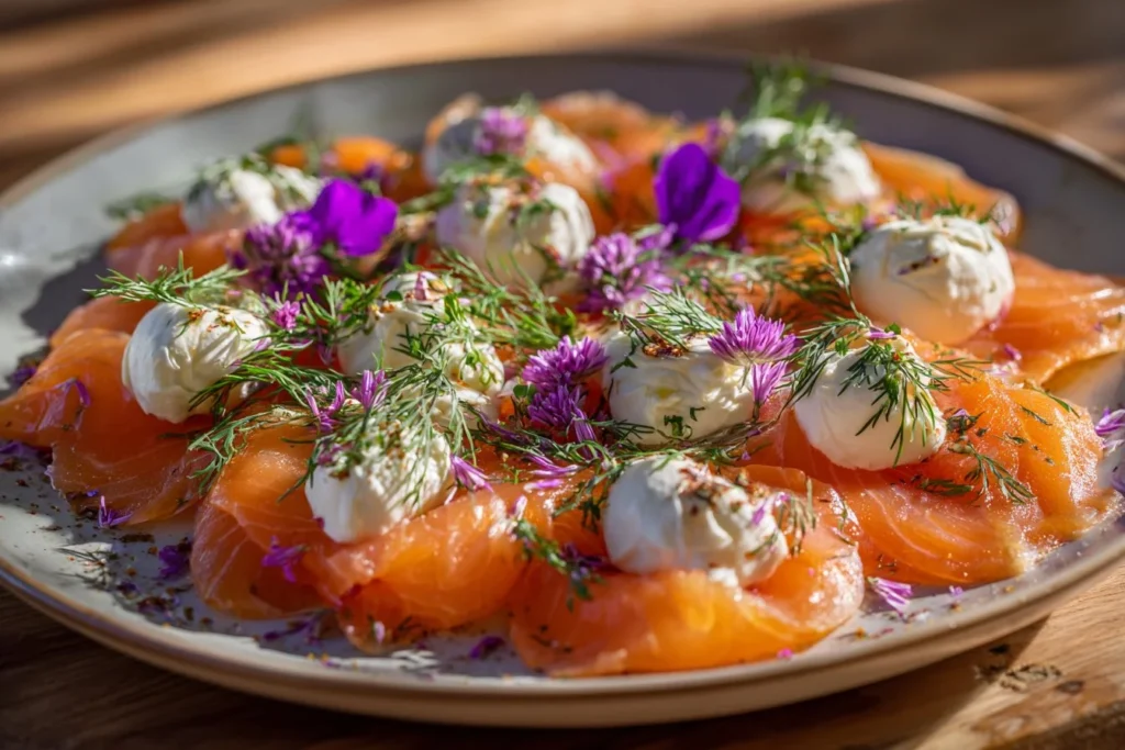 Creamy smoked salmon dip served in a bowl with crackers and herbs