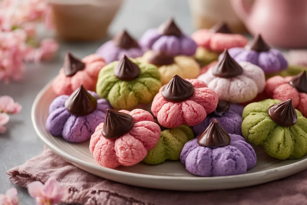 Freshly baked Spring Blossom Cookies decorated with colorful icing and edible flowers