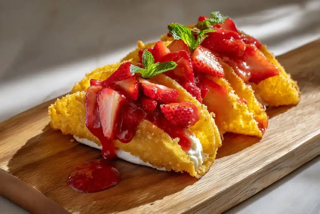 Strawberry Crunch Cheesecake Tacos dessert in a colorful presentation
