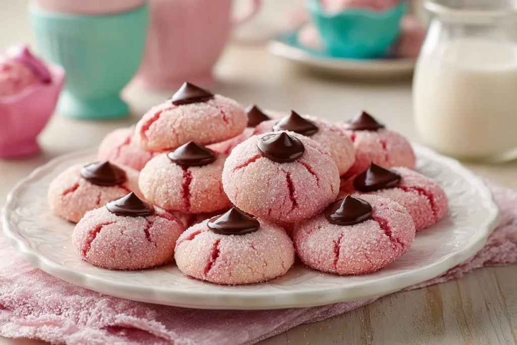 Delicious strawberry kiss cookies topped with a chocolate kiss.