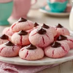 Delicious strawberry kiss cookies topped with a chocolate kiss.