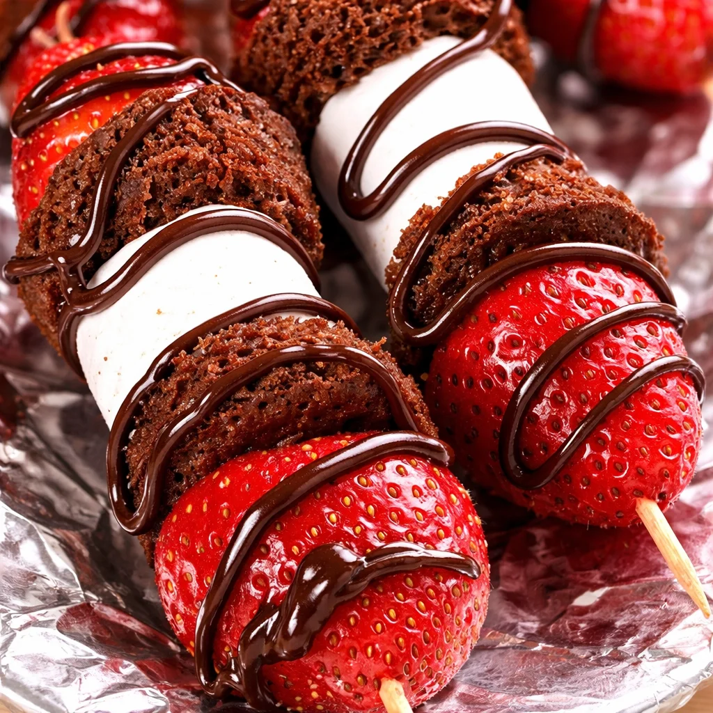 Delicious Strawberry Brownie Kabobs skewers topped with chocolate and marshmallows.