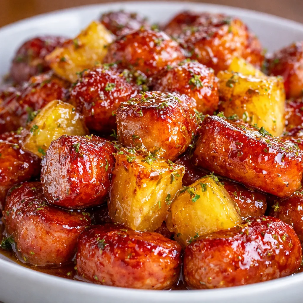 Pineapple Brown Sugar Mississippi Lil’ Smokies Bites in a sweet and savory glaze.