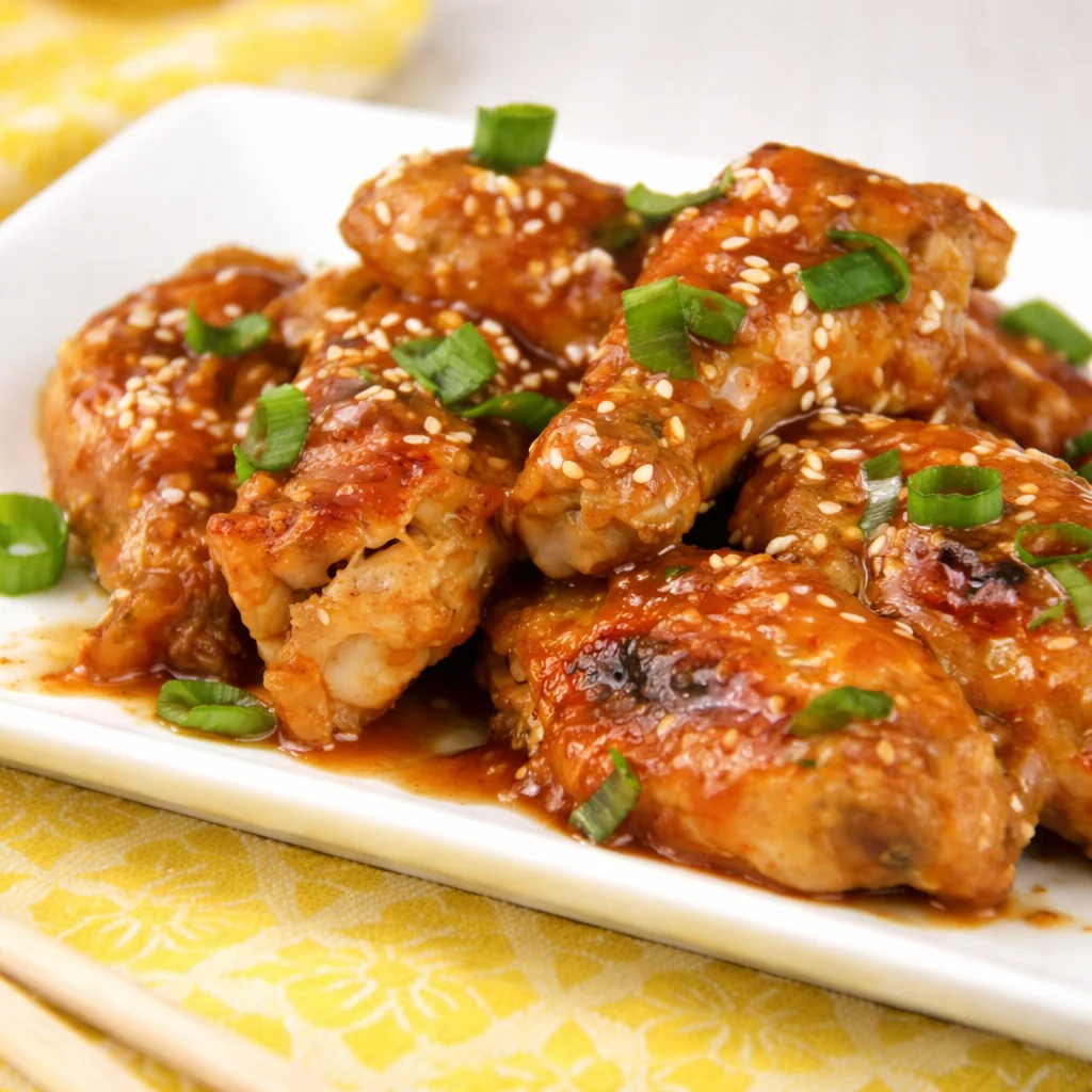 Pineapple-Teriyaki Chicken Wings glazed in a homemade sauce, ready to serve.