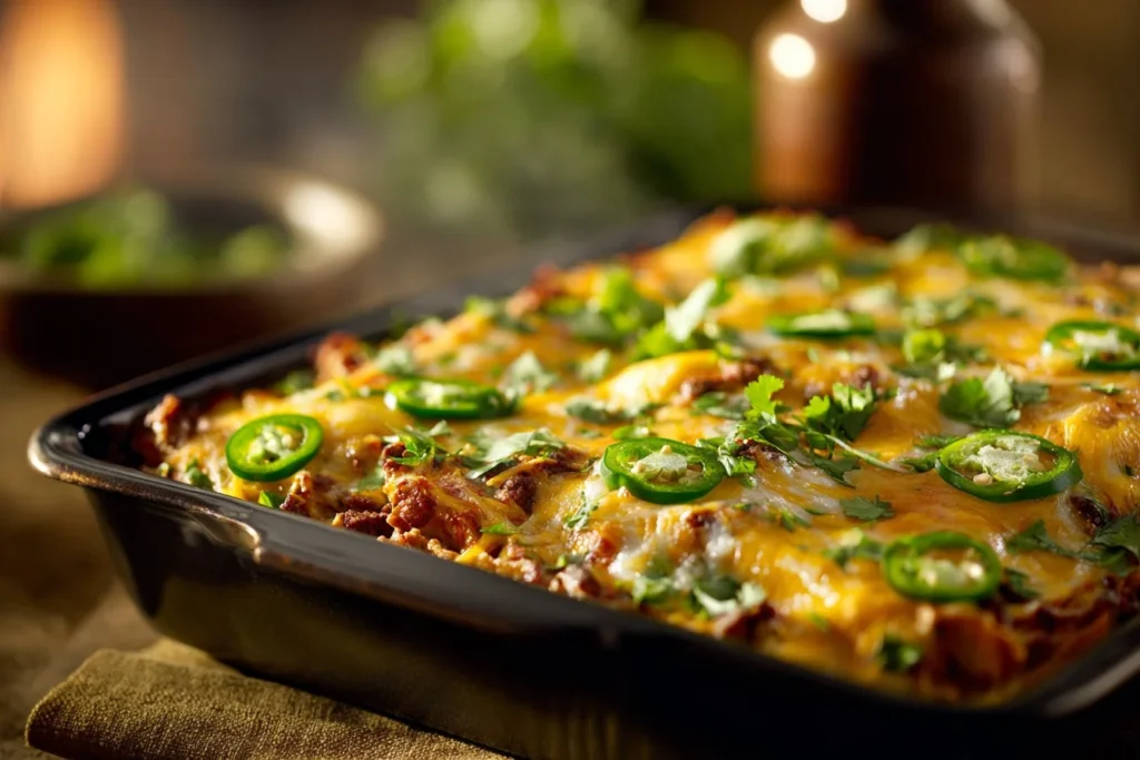 Taco Bake Casserole topped with cheese and fresh ingredients