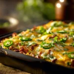 Taco Bake Casserole topped with cheese and fresh ingredients
