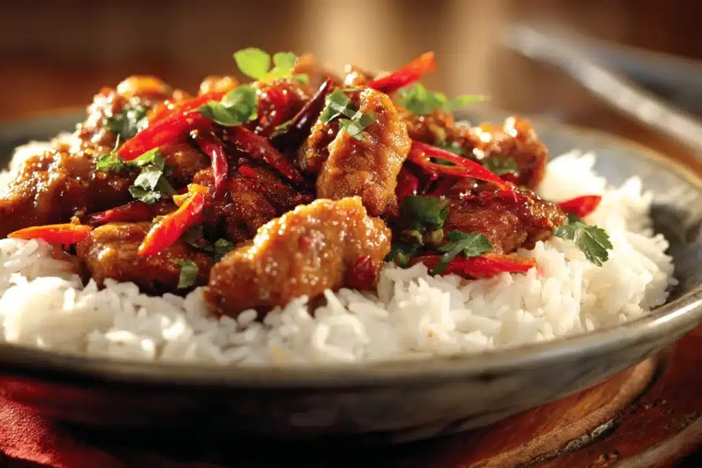 Plate of Thai Sweet Chili Chicken with vibrant sauce and fresh vegetables