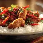 Plate of Thai Sweet Chili Chicken with vibrant sauce and fresh vegetables