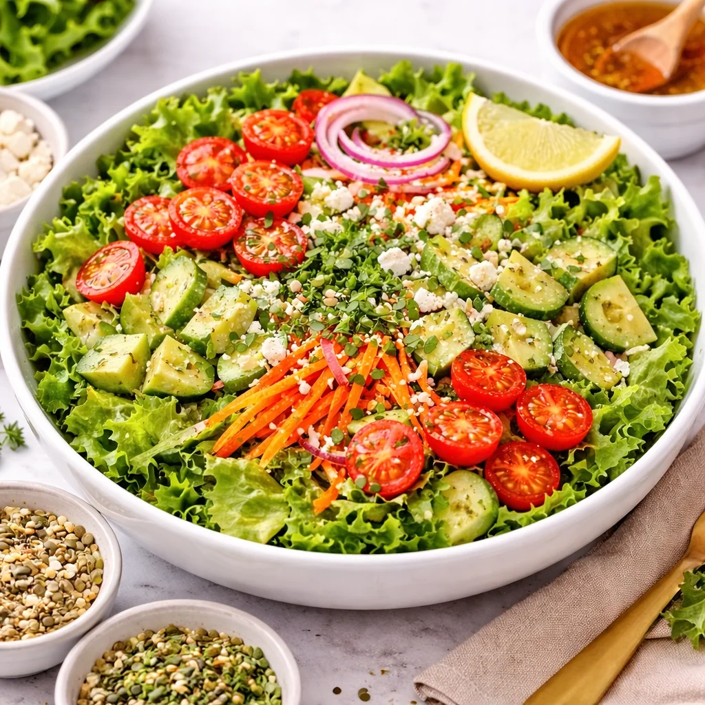 Fresh and colorful easy salad recipe with lemon dressing and vibrant vegetables.