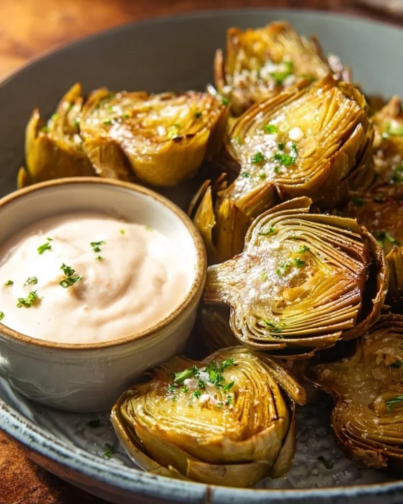 Crispy air fryer artichoke hearts served with garlic aioli dipping sauce