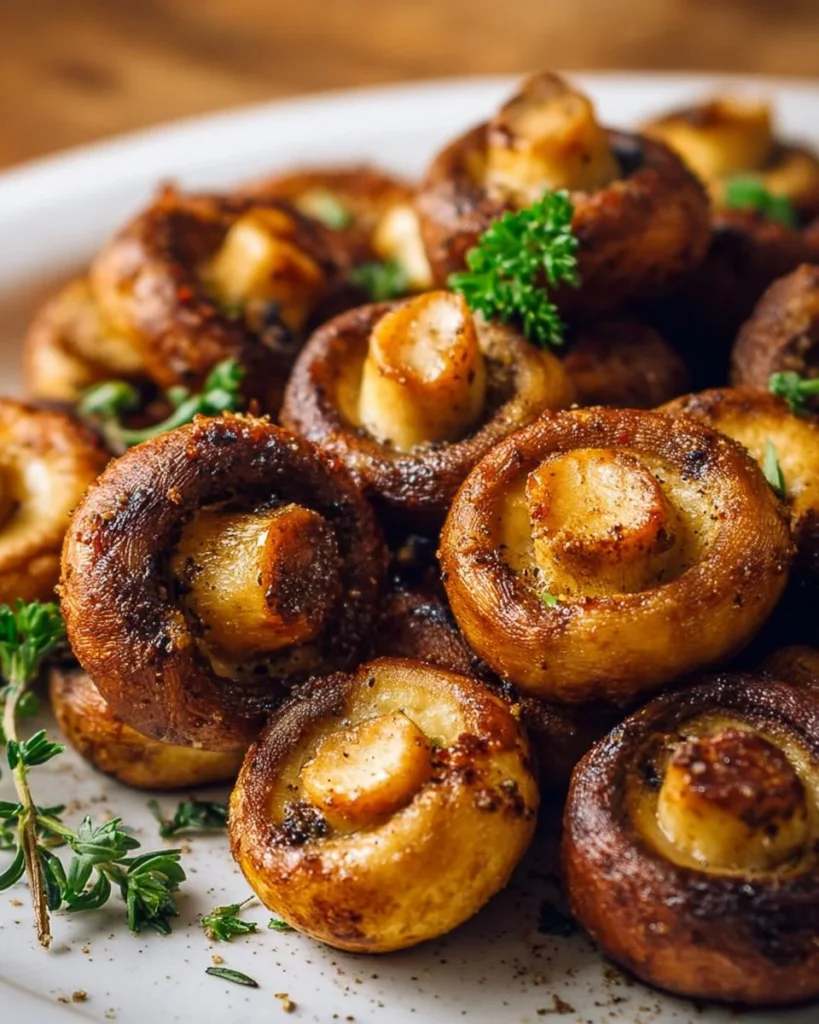Crispy air fryer mushrooms served in a bowl with herbs and spices