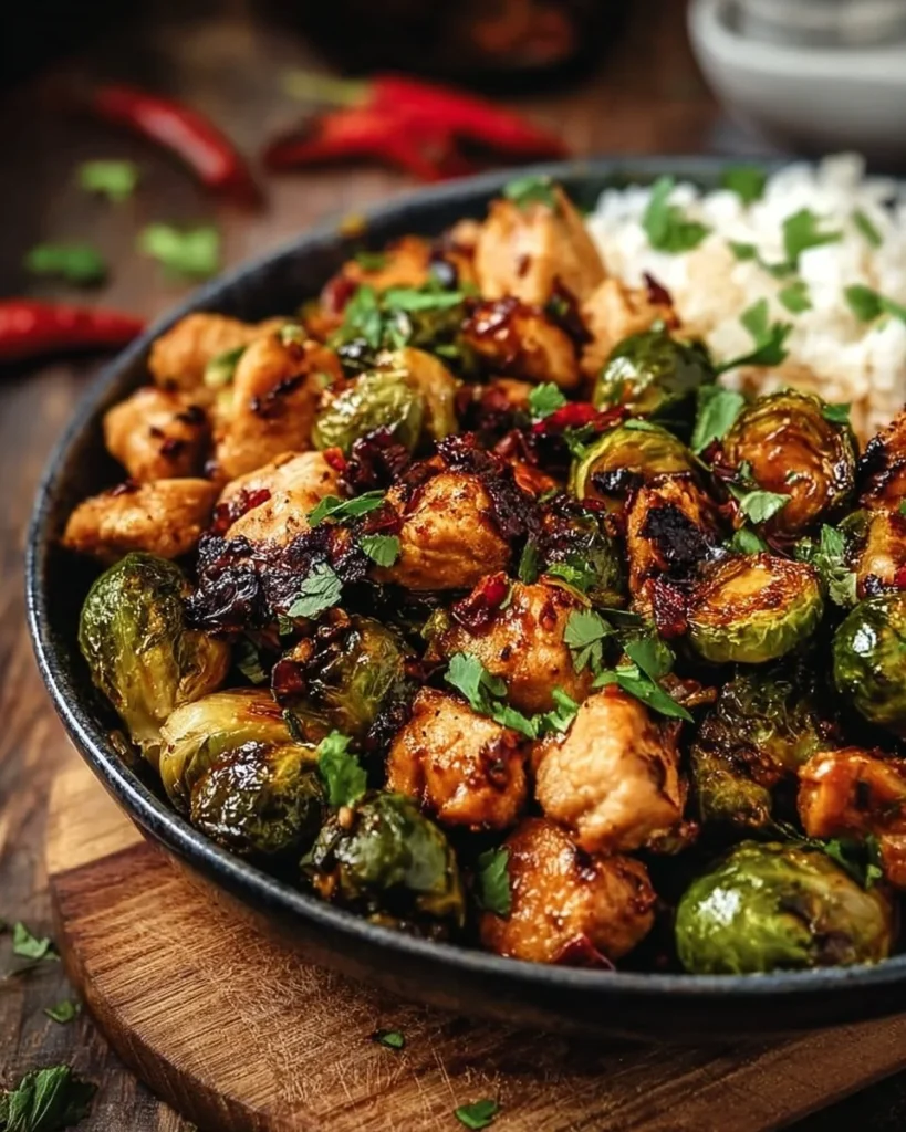 Air Fryer Sweet Chili Chicken served with Brussels sprouts on a plate