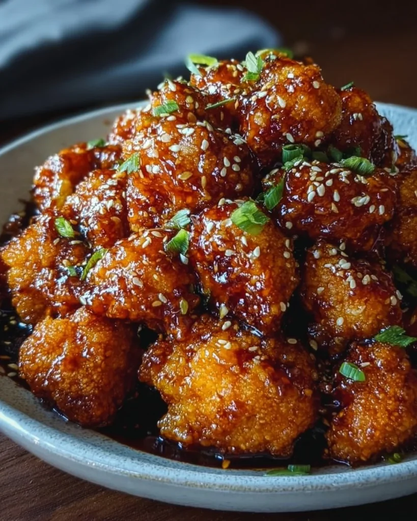 Plate of sticky honey garlic cauliflower garnished with green onions