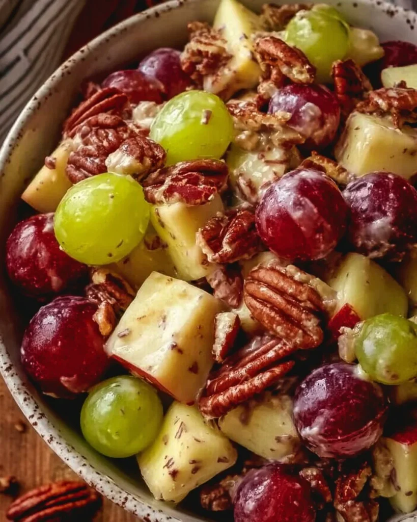 Delicious Apple Salad with Grapes and Pecans served in a bowl
