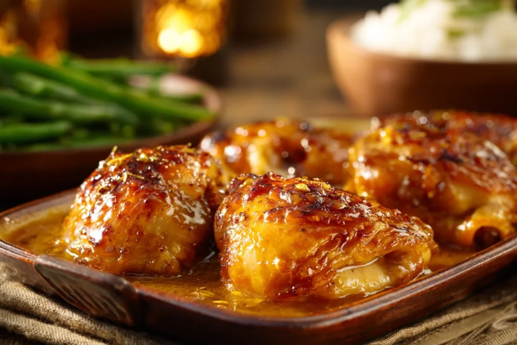 Apricot Glazed Baked Chicken garnished with herbs served on a plate
