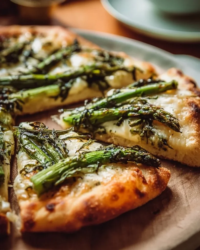 Delicious arugula asparagus flatbread topped with fresh greens and vegetables.