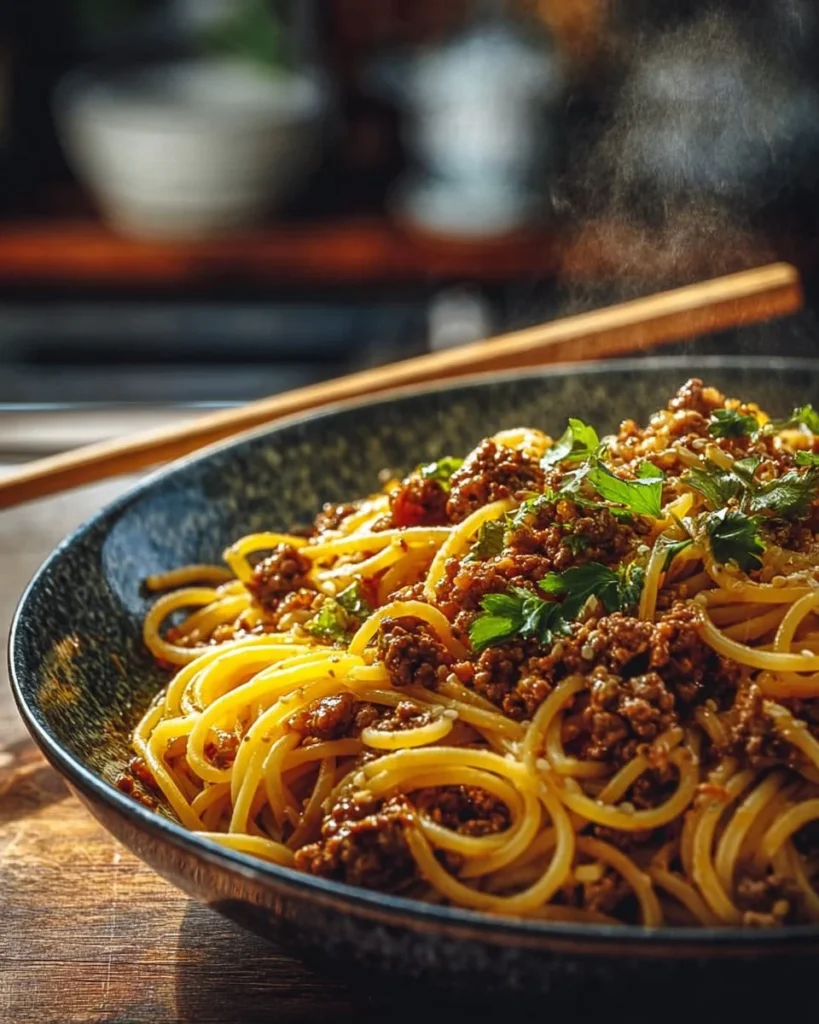 Asian-Style Ground Beef Spaghetti dish served on a plate