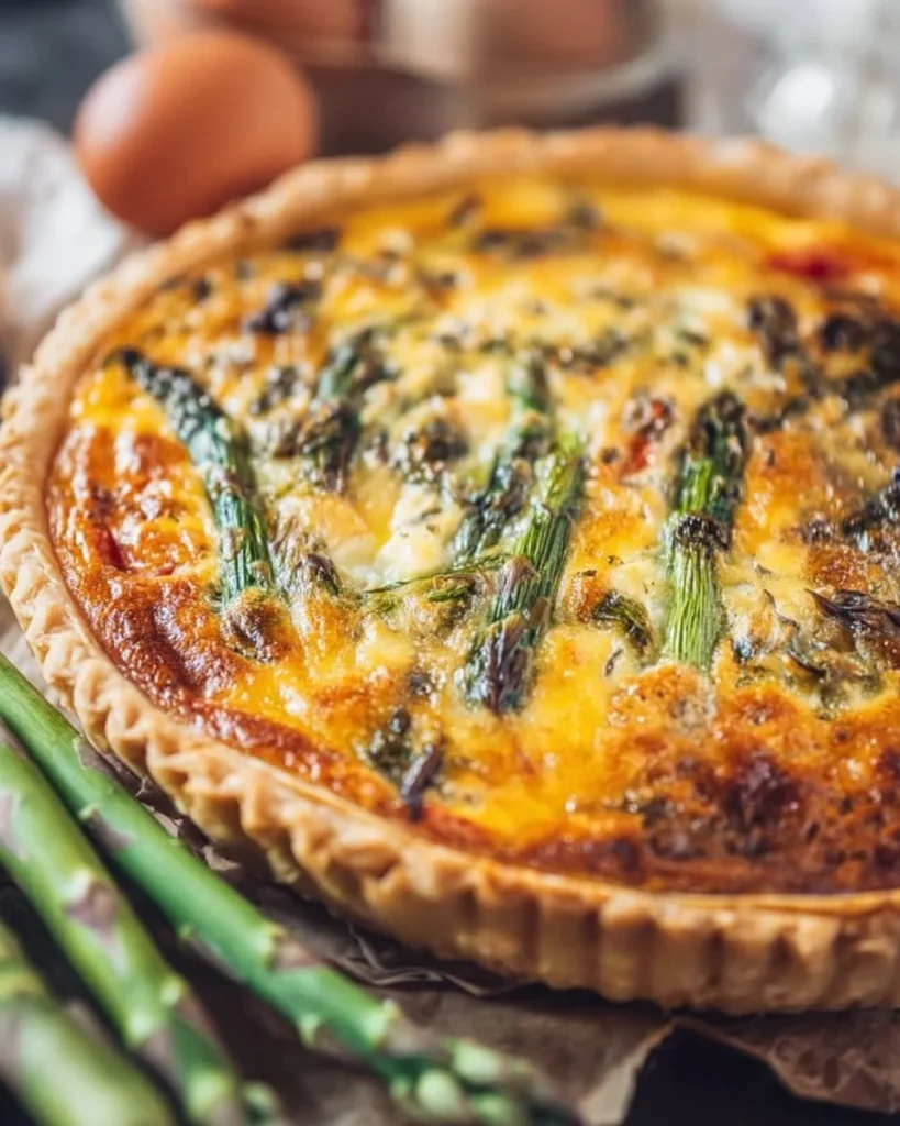 Freshly baked asparagus quiche with vibrant green asparagus spears