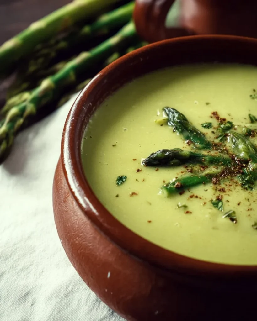 Creamy asparagus soup in a bowl garnished with herbs and croutons.