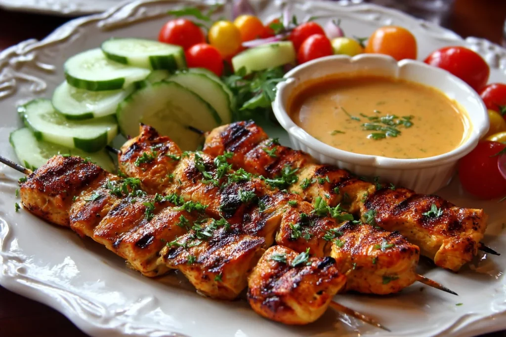 Delicious authentic Shish Tawook skewers served with fresh vegetables and sauces