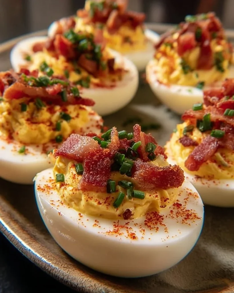 Delicious Bacon Deviled Eggs garnished with crispy bacon and herbs