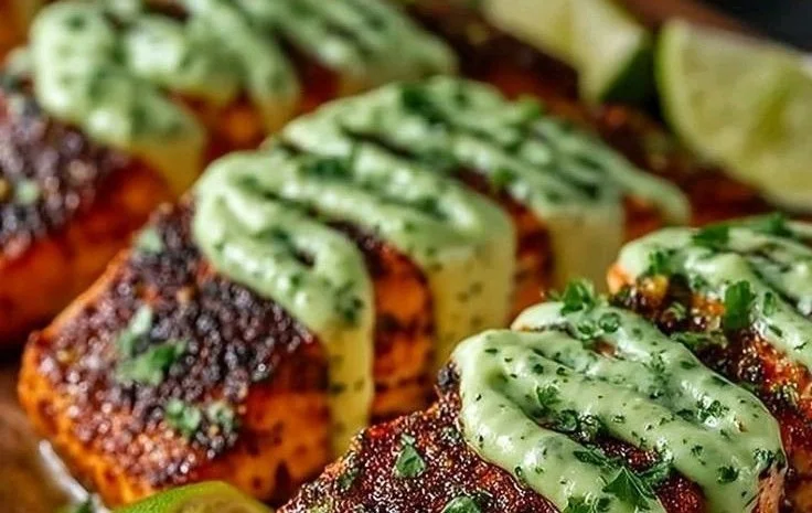 Baked Cajun Salmon with creamy avocado lime sauce on a plate