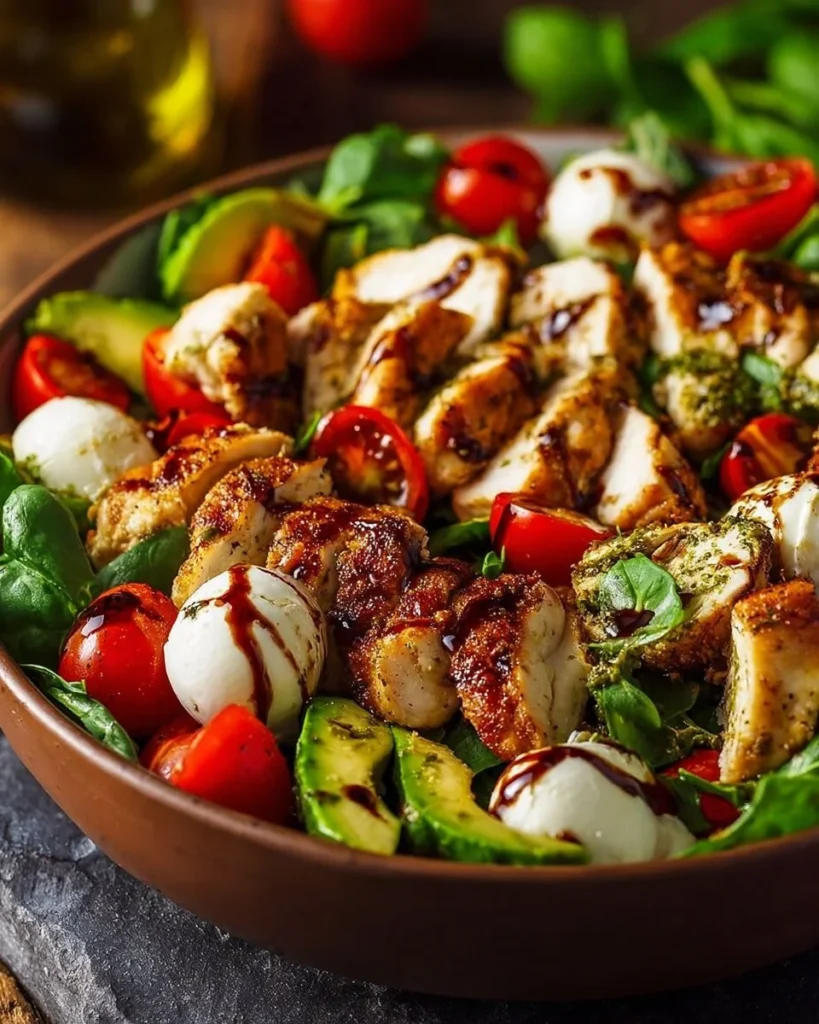 Baked marinated chicken salad topped with mozzarella and balsamic vinaigrette