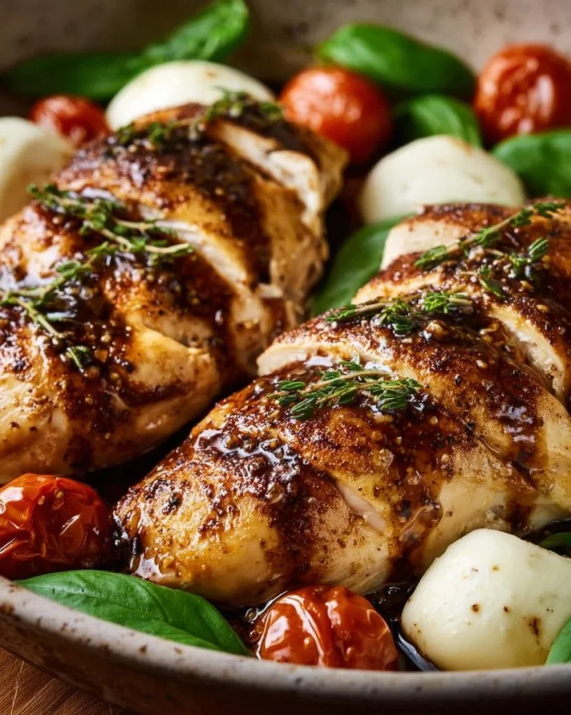 Balsamic chicken dish with cherry tomatoes and mozzarella cheese