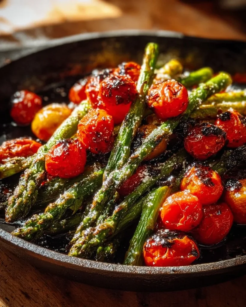 Balsamic asparagus with roasted tomatoes and Parmesan cheese on a plate