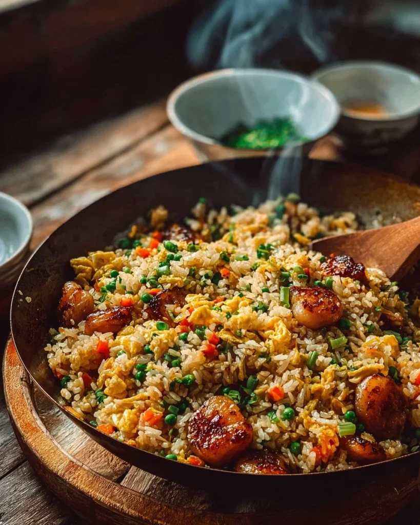Plate of Bang Bang Fried Rice topped with green onions and spicy sauce