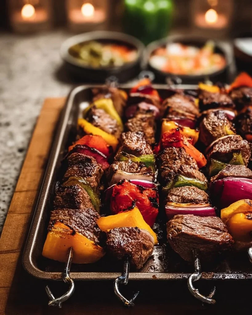 Delicious Beef Shish Kabob skewers grilled to perfection with colorful vegetables