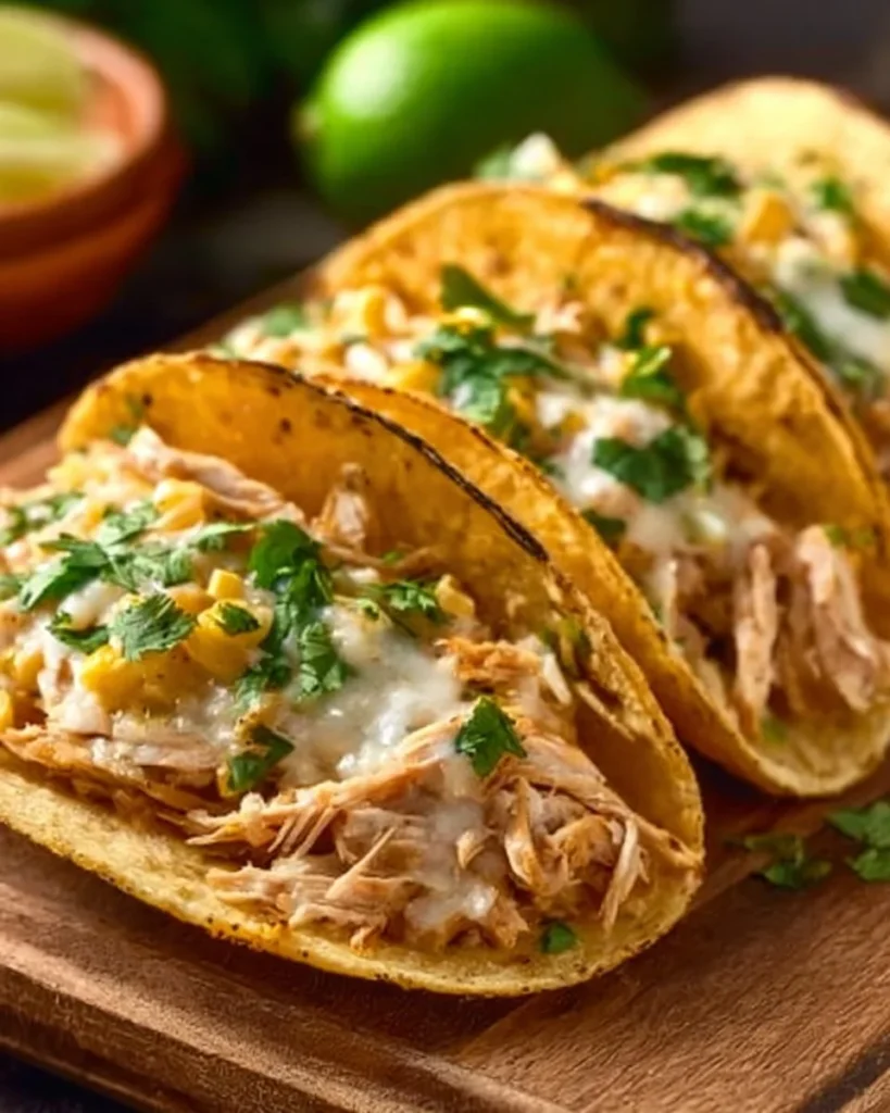 Delicious white chicken chili tacos topped with fresh ingredients