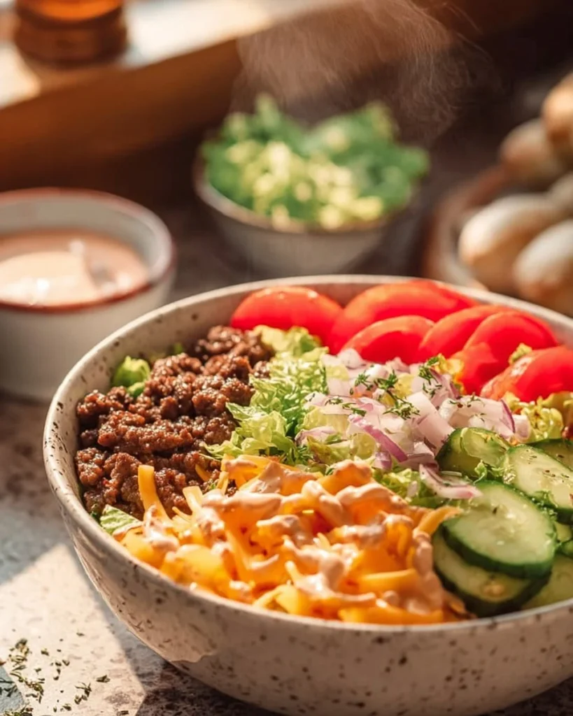 Big Mac style healthy burger bowl loaded with fresh toppings and ingredients.