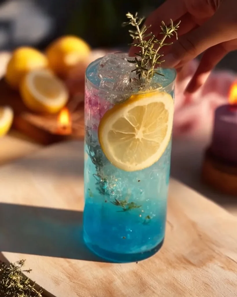 Colorful Blue Lagoon Cocktail served in a glass with garnishes