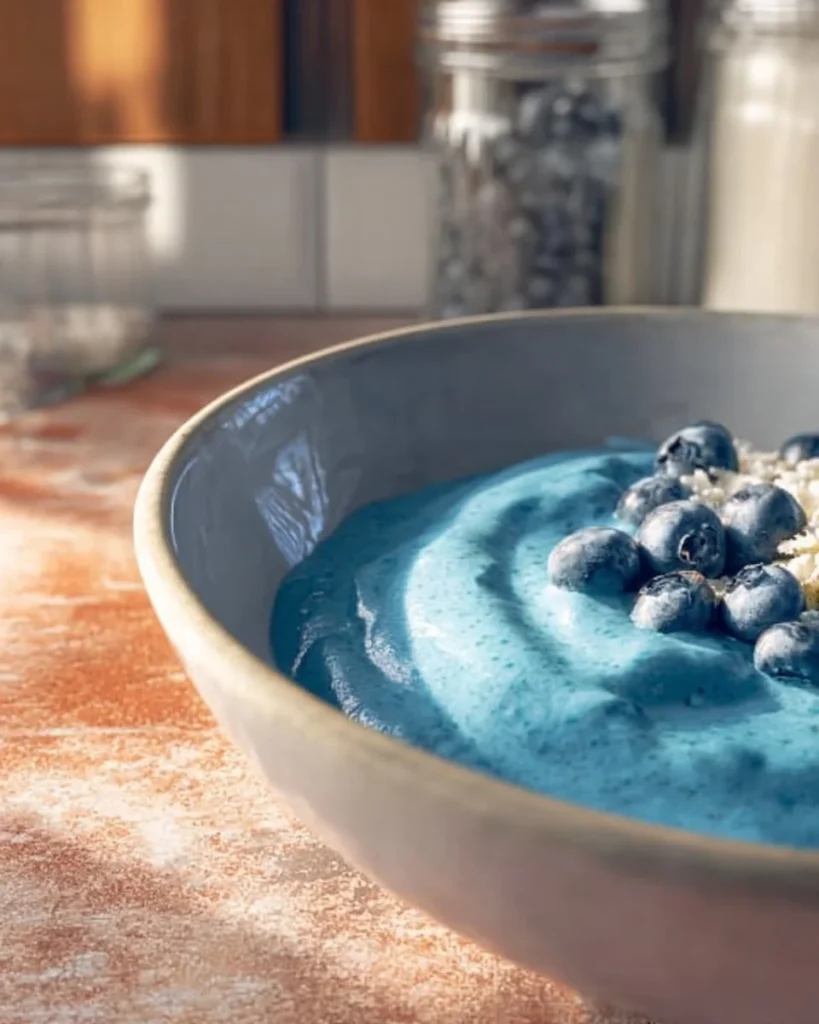 Delicious blue smoothie bowl topped with fresh fruits and granola