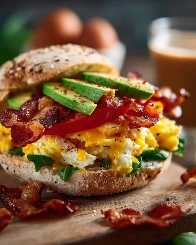 Delicious breakfast sandwich with avocado and bacon on a plate
