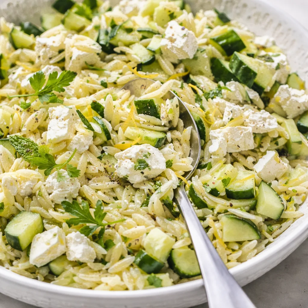 Light Cucumber Lemon Orzo Salad with fresh herbs and feta cheese