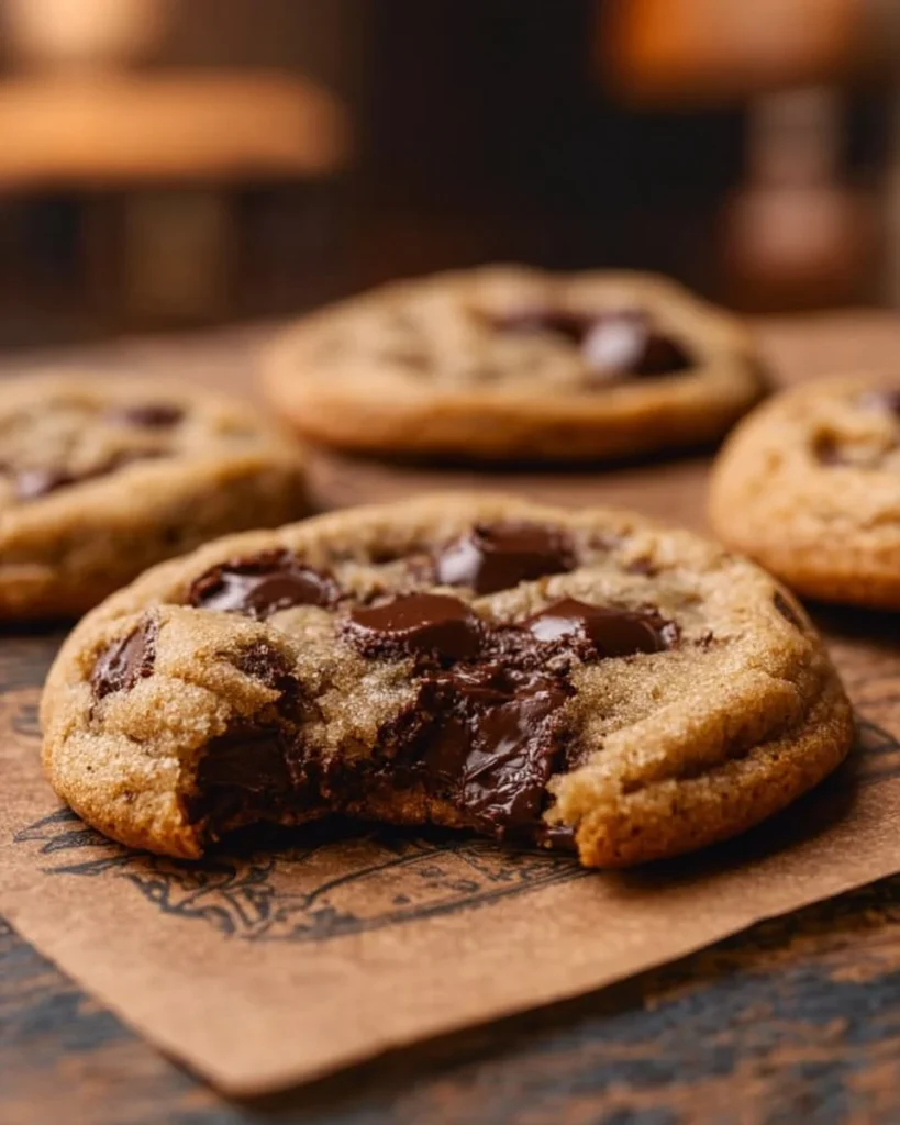 Brown Butter Sourdough Discard Chocolate Chip Cookies on a rustic plate