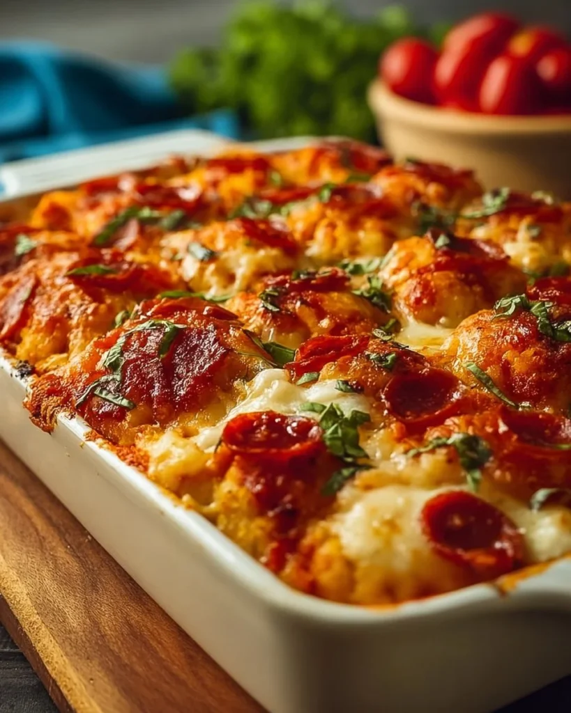 Delicious Bubble Up Biscuit Pizza Casserole topped with cheese and pepperoni.
