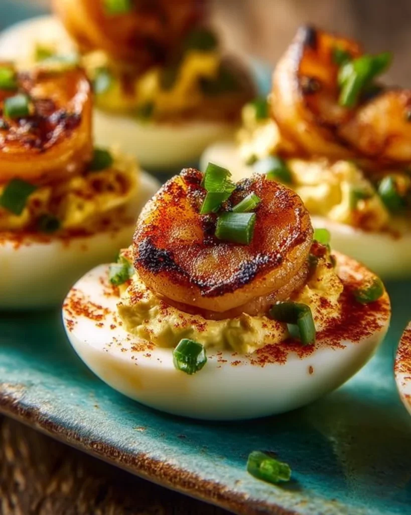 Cajun shrimp deviled eggs garnished with herbs on a plate