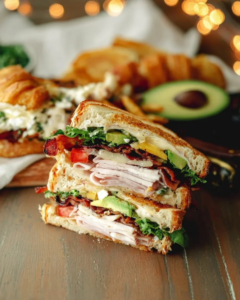 A delicious California Club Sandwich stacked with turkey, bacon, and fresh veggies.